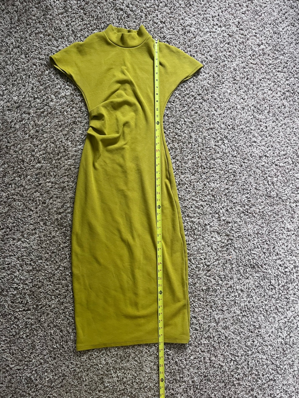 Zara Chartreuse Green Mock Neck Ruched Midi Dress Sm Short Sleeve Stretch Knit - Picture 4 of 9
